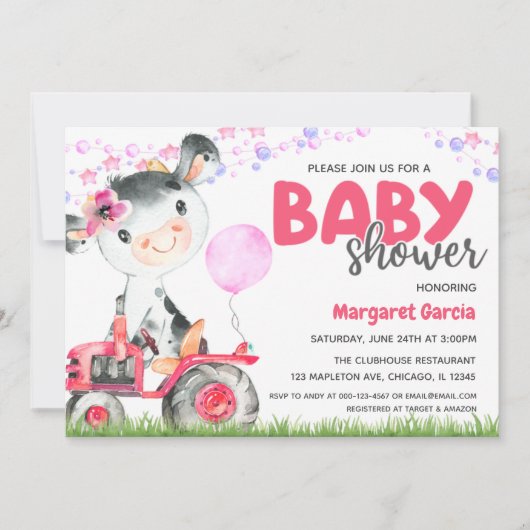 ファームアニマルベビーガール牛ベビーシャワー招待状 招待状 (正面)