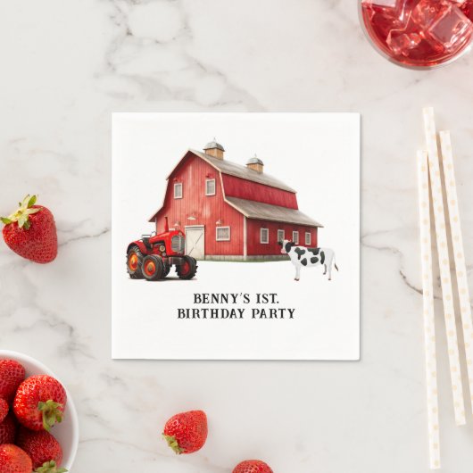 ファームアニマルレッドバーントラクター1st.誕生日パーティー スタンダードカクテルナプキン (インサイチュ)