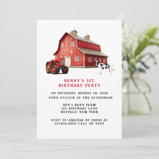 ファームアニマルレッドバーントラクター1st.誕生日パーティー 招待状 (スタンド正面)