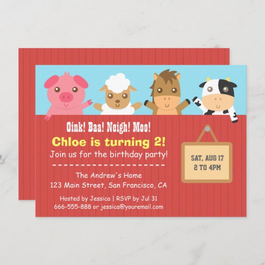 ファームアニマルレッドフェンスバースデーパーティ招待状 招待状 (正面/裏面)