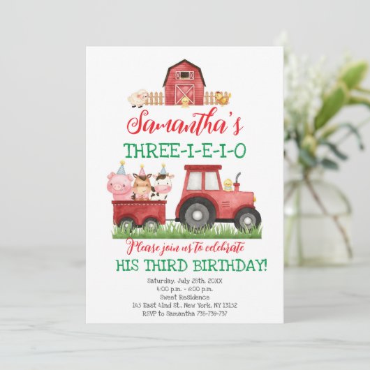 ファームアニマルレッドボーイ納屋周囲の庭誕生日パーティー 招待状 (スタンド正面)