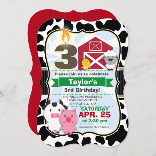 ファームアニマル子供の誕生日パーティー 招待状 (正面/裏面)