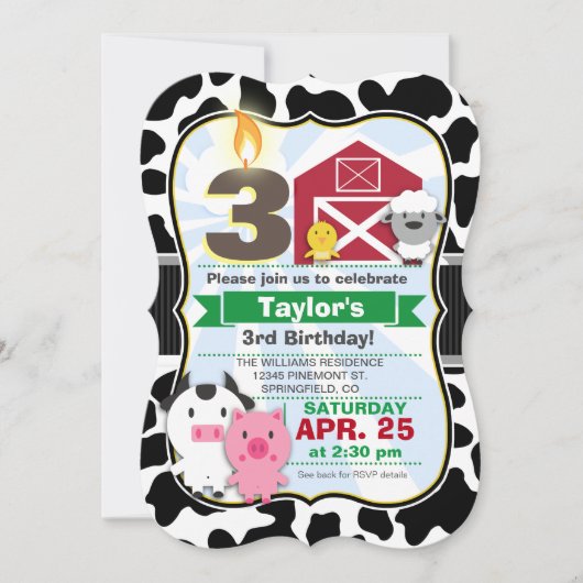 ファームアニマル子供の誕生日パーティー 招待状 (正面)