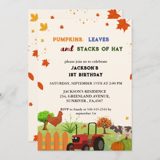 ファームアニマル秋パンプキンボーイファースト誕生日パーティー 招待状 (正面/裏面)