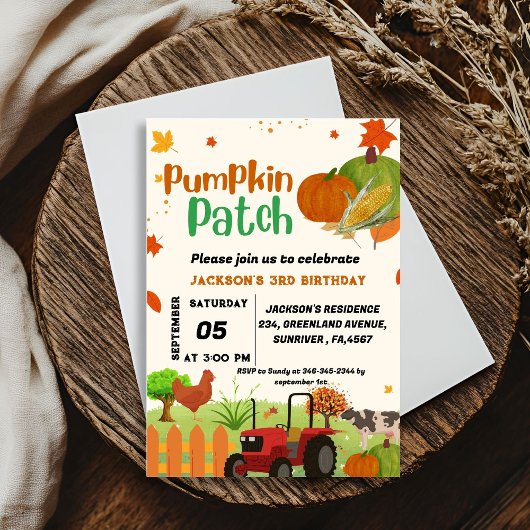 ファームアニマル秋パンプキンボーイファースト誕生日パーティー 招待状