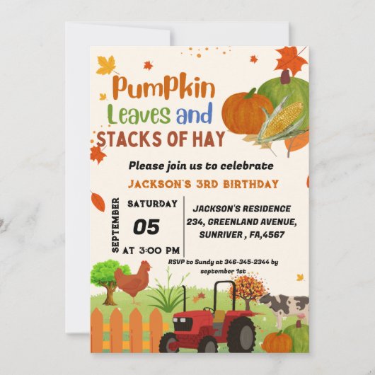 ファームアニマル秋パンプキンボーイファースト誕生日パーティー 招待状 (正面)