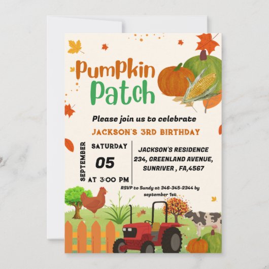 ファームアニマル秋パンプキンボーイファースト誕生日パーティー 招待状 (正面)