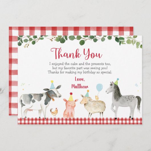 ファームアニマル納屋周囲の庭グリーナリー誕生日サンキュー 招待状 (正面/裏面)