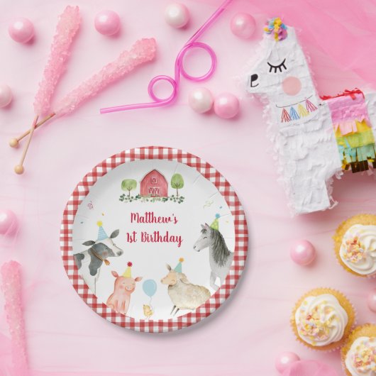 ファームアニマル納屋周囲の庭グリーンリー誕生日 ペーパープレート (パーティー)