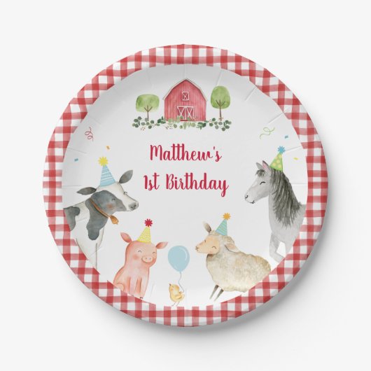 ファームアニマル納屋周囲の庭グリーンリー誕生日 ペーパープレート (正面)