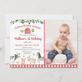 ファームアニマル納屋周囲の庭グリーンリー誕生日 招待状 (正面)