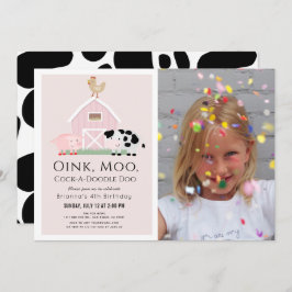 ファームアニマル納屋周囲の庭ピンクガールフォト誕生日 招待状