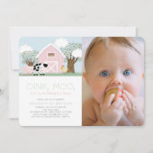 ファームアニマル納屋周囲の庭ピンクバーン1stバースデーフォト 招待状 (正面)