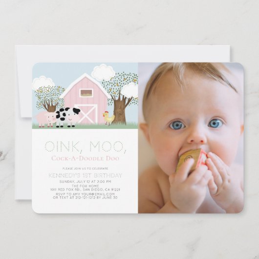 ファームアニマル納屋周囲の庭ピンクバーン1stバースデーフォト 招待状 (正面)