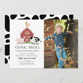 ファームアニマル納屋周囲の庭ホワイトフォト誕生日 招待状