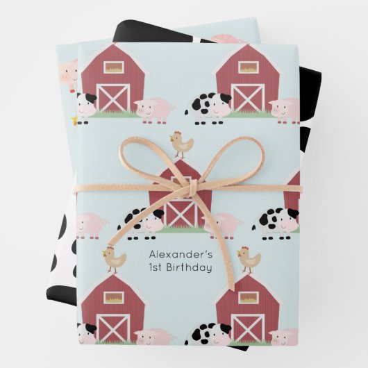 ファームアニマル&カウパターンブルー誕生日 ラッピングペーパーシート (インサイチュ)