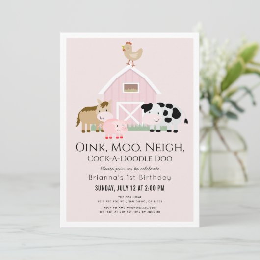 ファームアニマル バーンヤード ピンク ガール 1歳 誕生日 招待状 (スタンド正面)