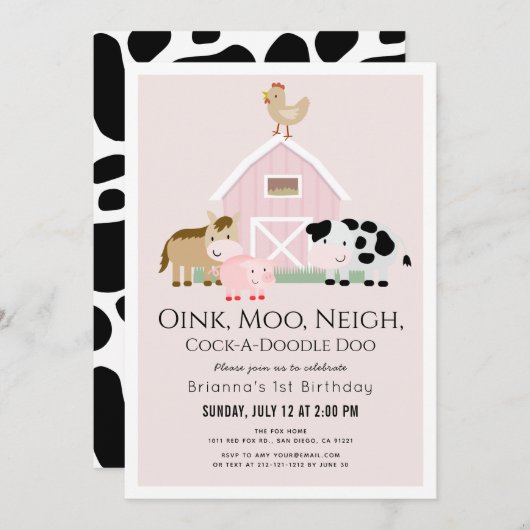 ファームアニマル バーンヤード ピンク ガール 1歳 誕生日 招待状 (正面/裏面)