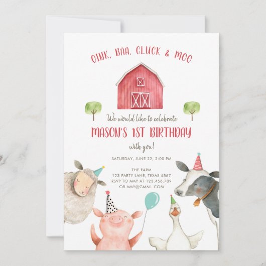 ファームアンズボーイレッドギンガム納屋周囲の庭誕生日 招待状 (正面)