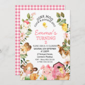 ファームイカラフルブズピンクバーン誕生日 招待状 (正面/裏面)