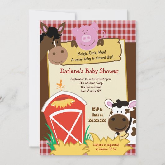 ファームウマ牛ブタ納屋周囲の庭ベビーシャワー招待状 招待状 (正面)