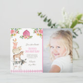 ファームオールドマクドナルド納屋周囲の庭ピンクアニマルズパーティー 招待状 (スタンド正面)