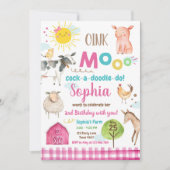 ファームオールドマクドナルド納屋周囲の庭ピンクアニマルズパーティー 招待状 (正面)