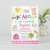 ファームオールドマクドナルド納屋周囲の庭ピンクアニマルズパーティー 招待状 (スタンド正面)