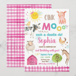 ファームオールドマクドナルド納屋周囲の庭ピンクアニマルズパーティー 招待状