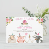 ファームオールドマクドナルド納屋周囲の庭ピンクアニマルズパーティー 招待状 (スタンド正面)