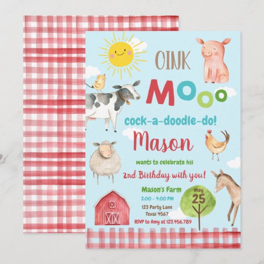 ファームオールドマクドナルド納屋周囲の庭レッドアニマルズパーティー 招待状 (正面/裏面)
