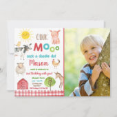 ファームオールドマクドナルド納屋周囲の庭レッドアニマルズパーティー 招待状 (正面)