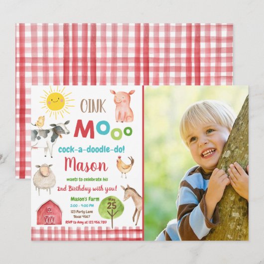ファームオールドマクドナルド納屋周囲の庭レッドアニマルズパーティー 招待状 (正面/裏面)
