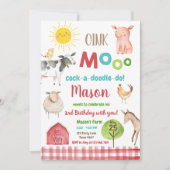 ファームオールドマクドナルド納屋周囲の庭レッドアニマルズパーティー 招待状 (正面)