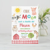 ファームオールドマクドナルド納屋周囲の庭レッドアニマルズパーティー 招待状 (スタンド正面)