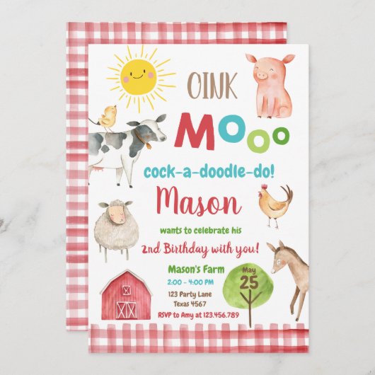 ファームオールドマクドナルド納屋周囲の庭レッドアニマルズパーティー 招待状 (正面/裏面)