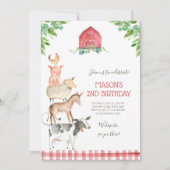 ファームオールドマクドナルド納屋周囲の庭レッドボーイアニマルズパーティー 招待状 (正面)