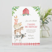 ファームオールドマクドナルド納屋周囲の庭レッドボーイアニマルズパーティー 招待状 (スタンド正面)