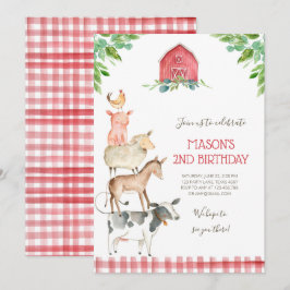 ファームオールドマクドナルド納屋周囲の庭レッドボーイアニマルズパーティー 招待状