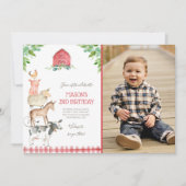 ファームオールドマクドナルド納屋周囲の庭レッドボーイアニマルズパーティー 招待状 (正面)