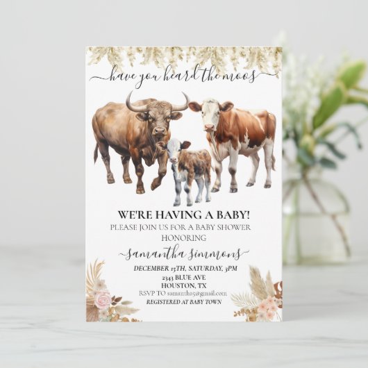 ファームカウカーフベビーシャワーボホウォーター色 招待状 (スタンド正面)