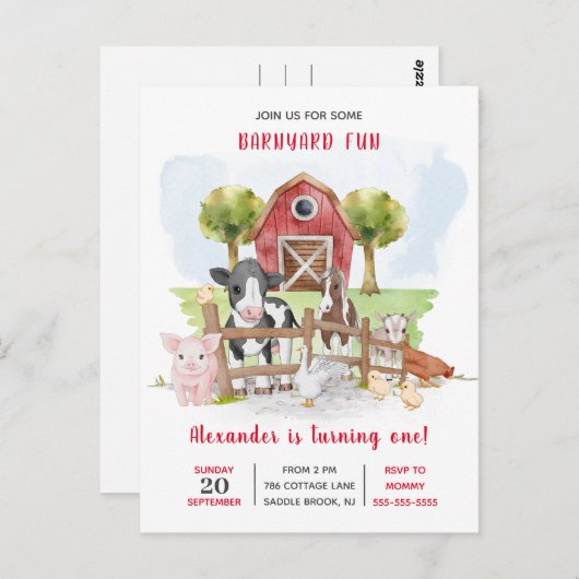 ファームカントリーベビー!st誕生日招待状 ポストカード (正面/裏面)