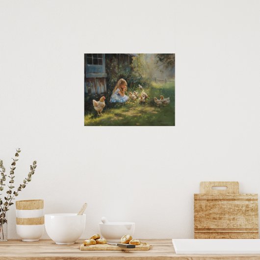 ファームガールウィズチキンズファームハウスホームステッドアート ポスター (キッチン)