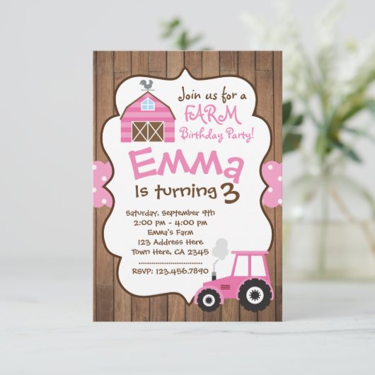 ファームガール招待状、ピンク納屋周囲の庭、トラクタ 招待状 (スタンド正面)