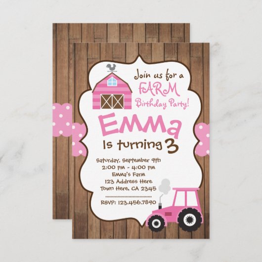 ファームガール招待状、ピンク納屋周囲の庭、トラクタ 招待状 (正面/裏面)