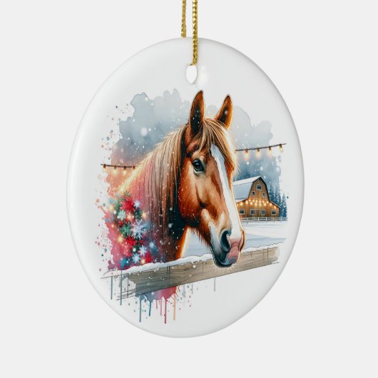 ファームクリスマスに美しい茶色の馬 セラミックオーナメント (右)