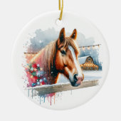 ファームクリスマスに美しい茶色の馬 セラミックオーナメント (正面)