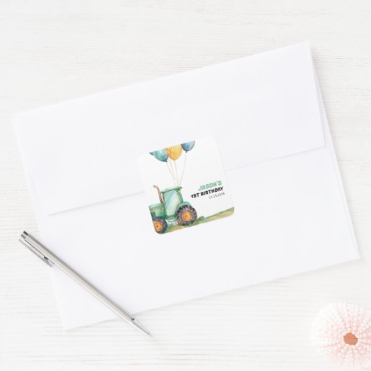 ファームグリーントラクター誕生日 スクエアシール (封筒)