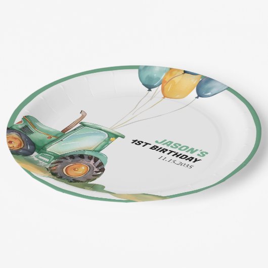 ファームグリーントラクター誕生日 ペーパープレート (アングル)