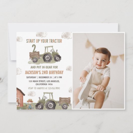 ファームグリーントラクター2nd誕生日の写真 招待状 (正面)